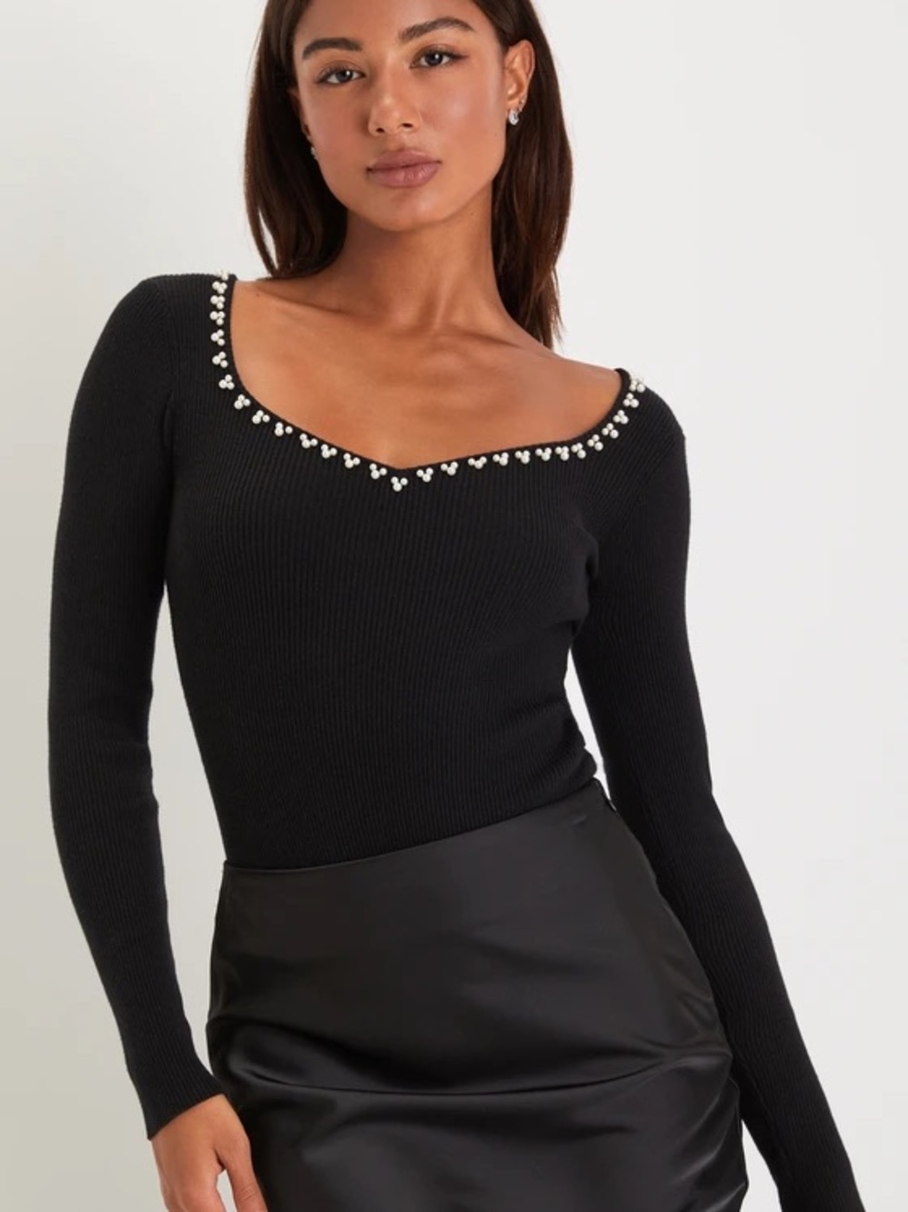 Lulus Pearl-Trim Black Ribbed Bodysuit